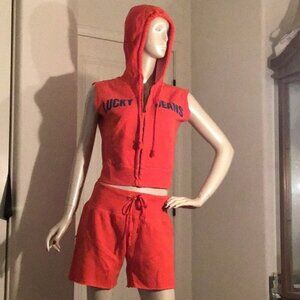 VTG Lucky Jeans Sleeveless Orange Hoodie & Shorts Set Drawstring Waist Cropped T